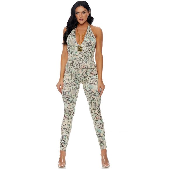 Sleeveless Money Print Jumpsuit with Halter Neck - Picture 4 of 7